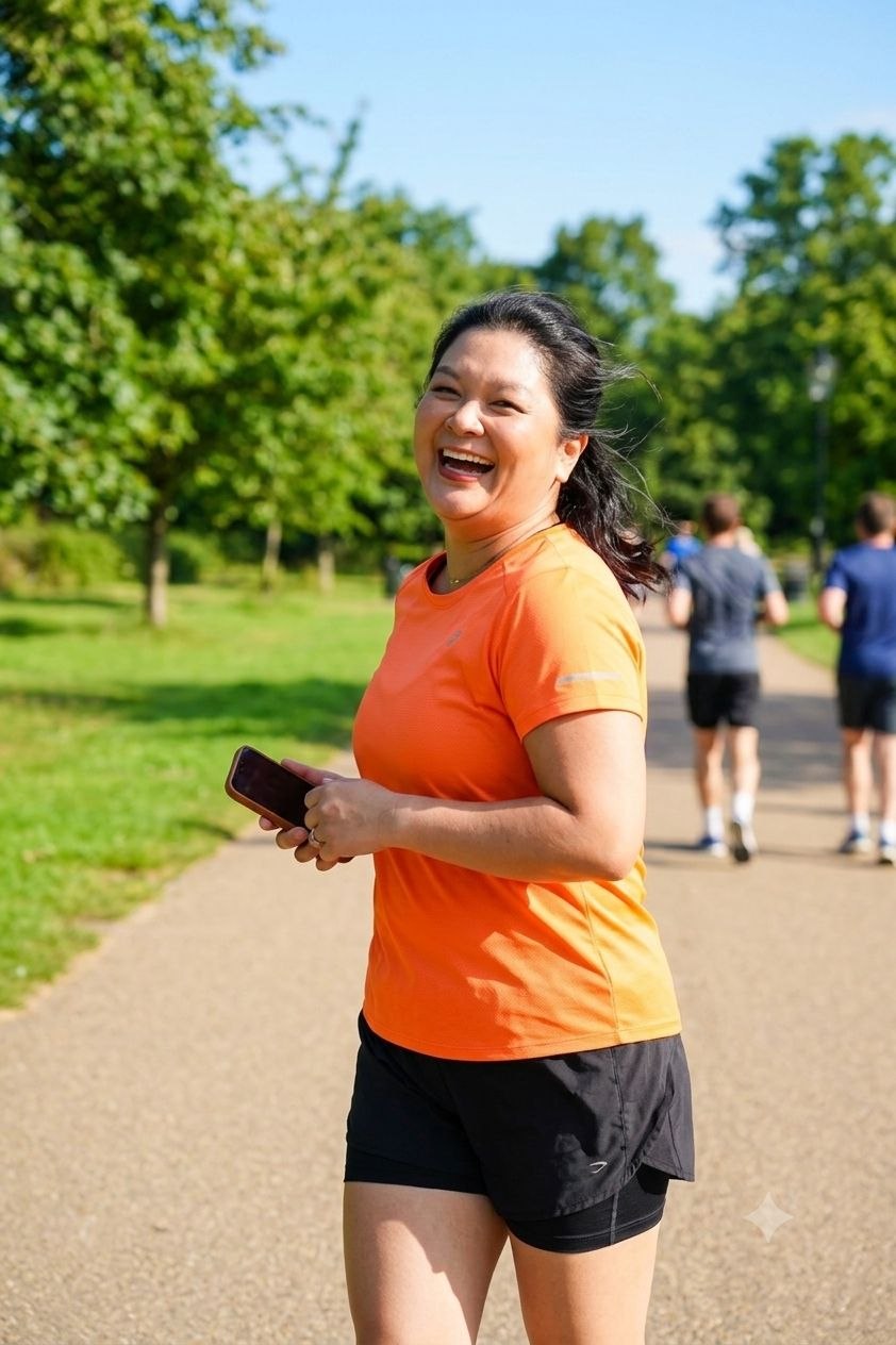 Sarah Hirota correndo no parque, sorrindo, de camiseta laranja.
